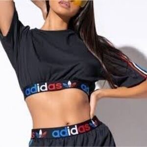 Adidas Women's Black Crop Top with Multicolor Logo